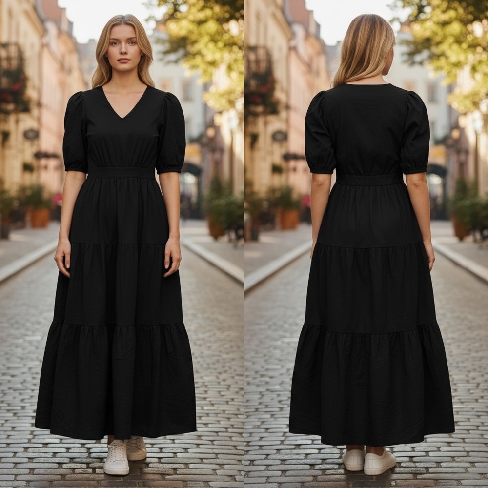 French Connection Midi Dress Womens L Black Puff Sleeve Tiered Cottagecore Goth